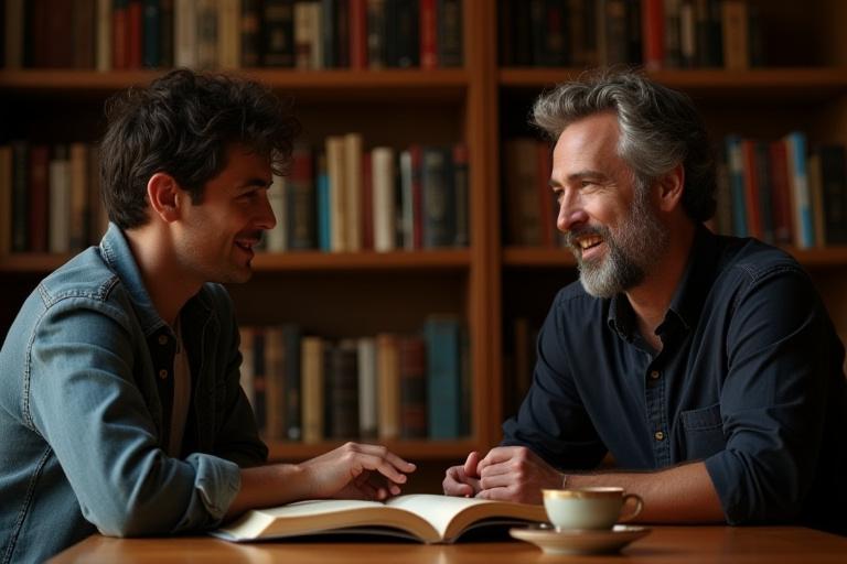 Svara Library के संस्थापक एक शांत पुस्तकालय में चर्चा कर रहे हैं